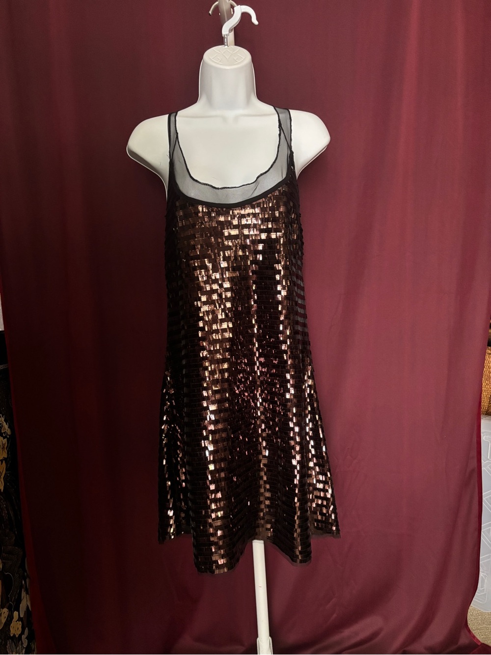 Bronze Sequin Mini Slip Dress with Sheer Neckline